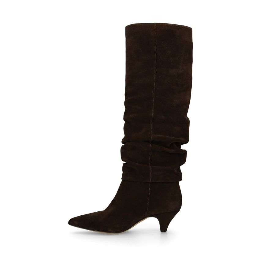 Dunkelbraune Veloursleder-Stiefel mit Kitten Heel