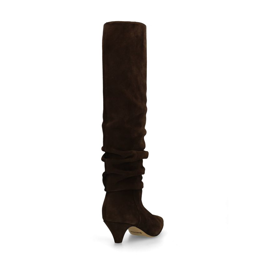 Dunkelbraune Veloursleder-Stiefel mit Kitten Heel