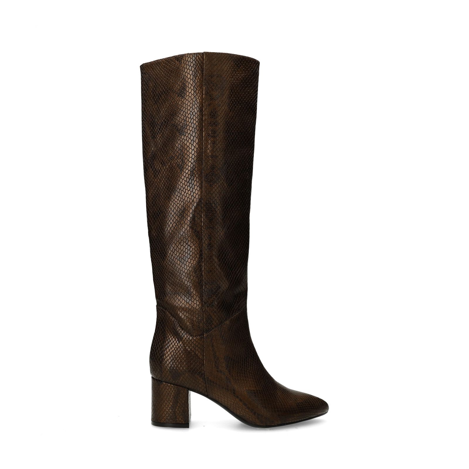 Braune Lederstiefel mit Absatz und Schlangenmuster