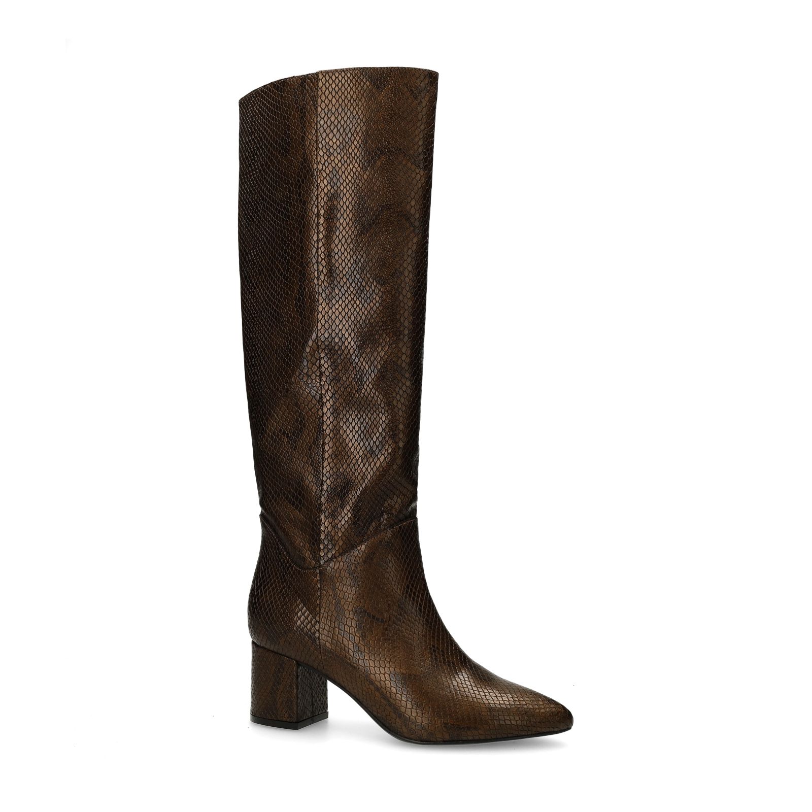Braune Lederstiefel mit Absatz und Schlangenmuster