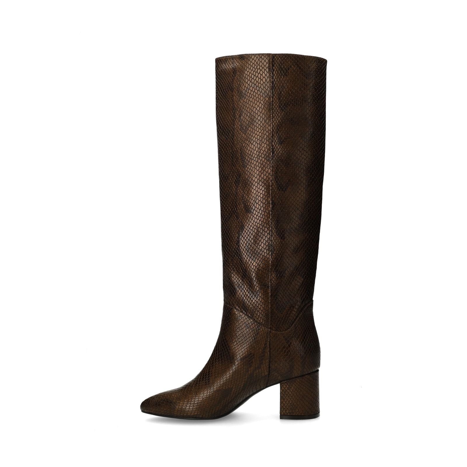 Braune Lederstiefel mit Absatz und Schlangenmuster