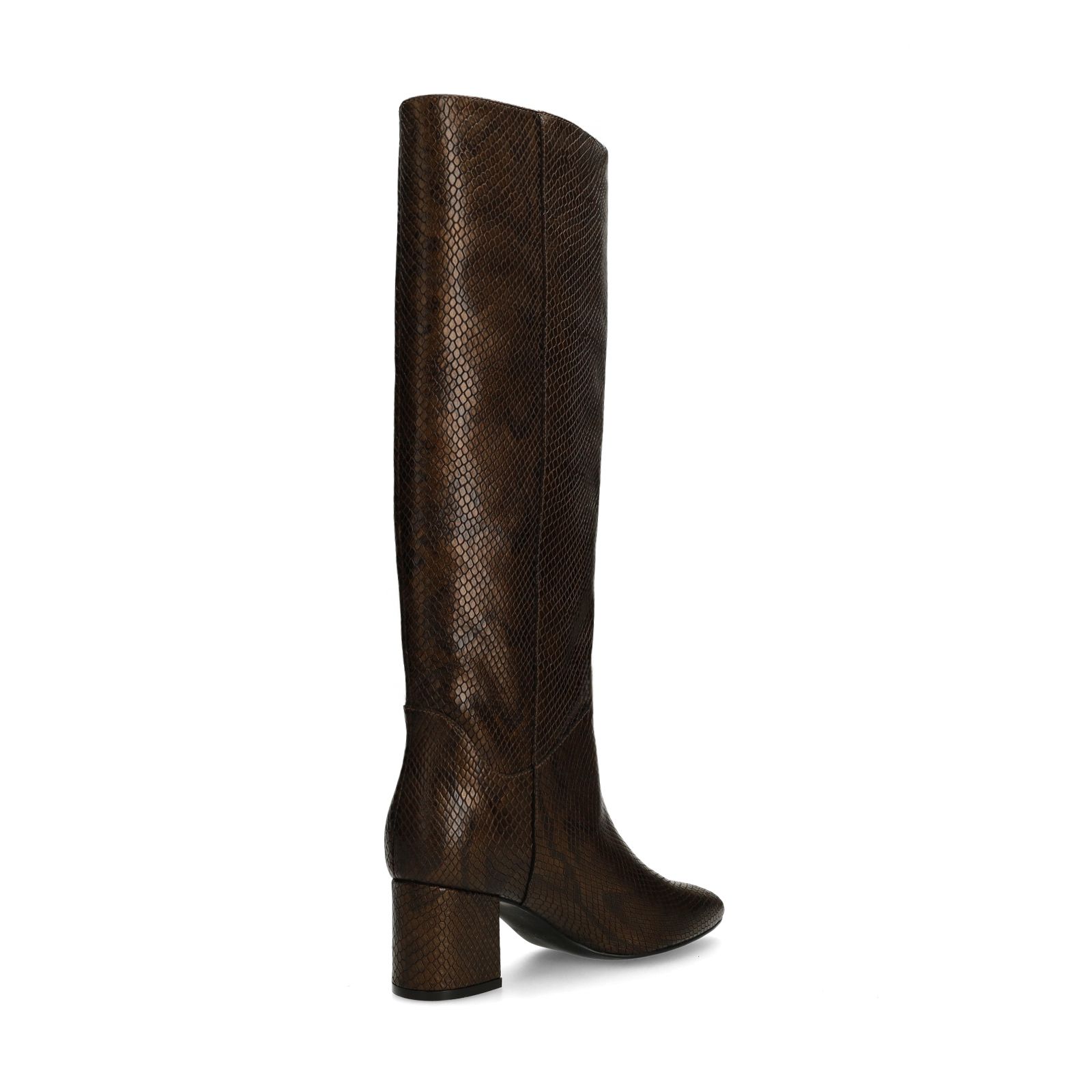Braune Lederstiefel mit Absatz und Schlangenmuster
