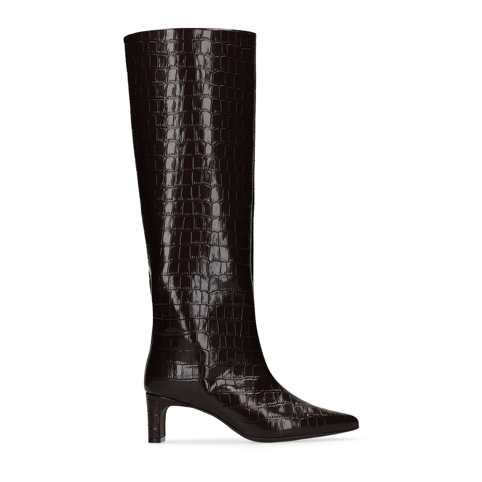 Bruine leren hoge laarzen met croco print
