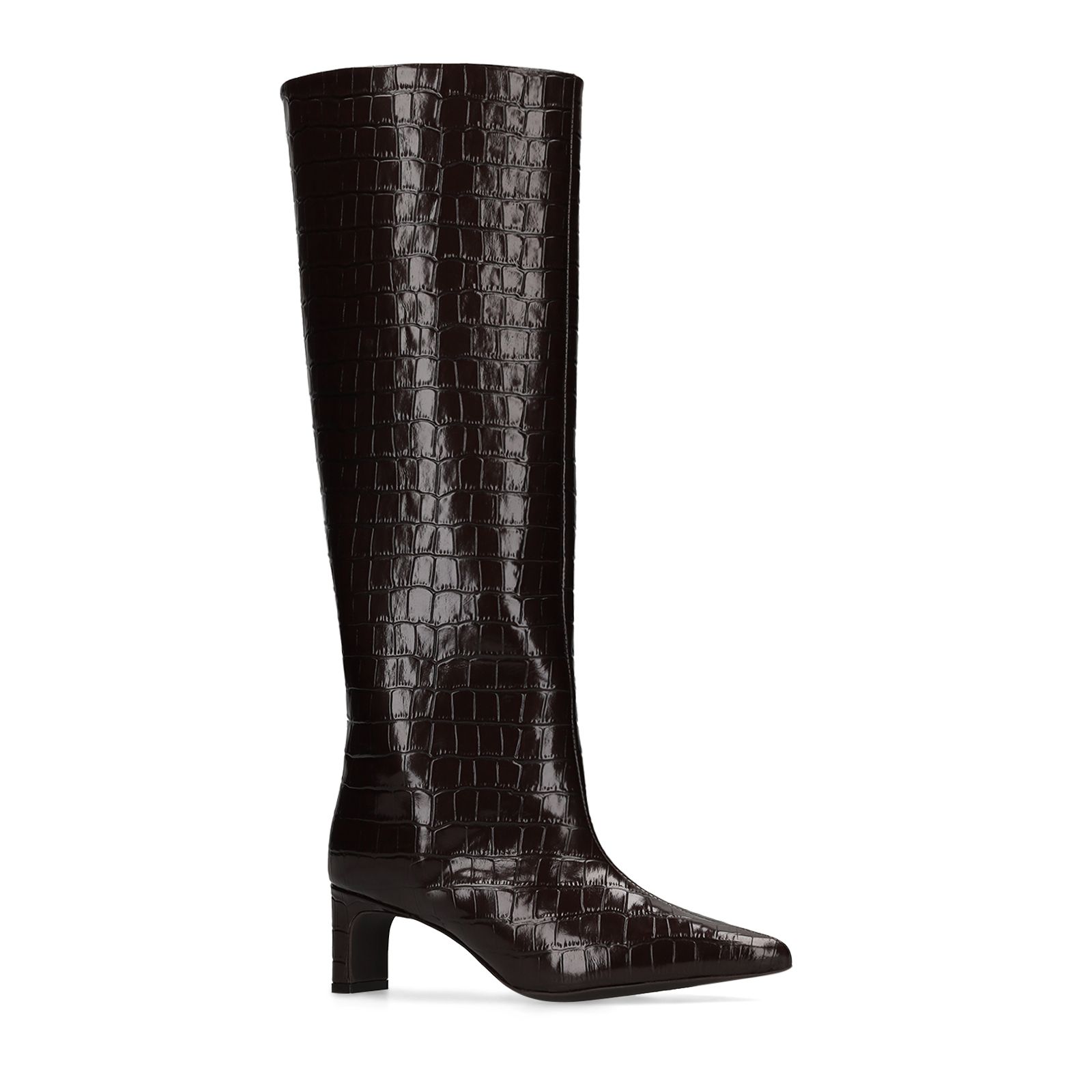 Braune Lederstiefel mit Krokomuster