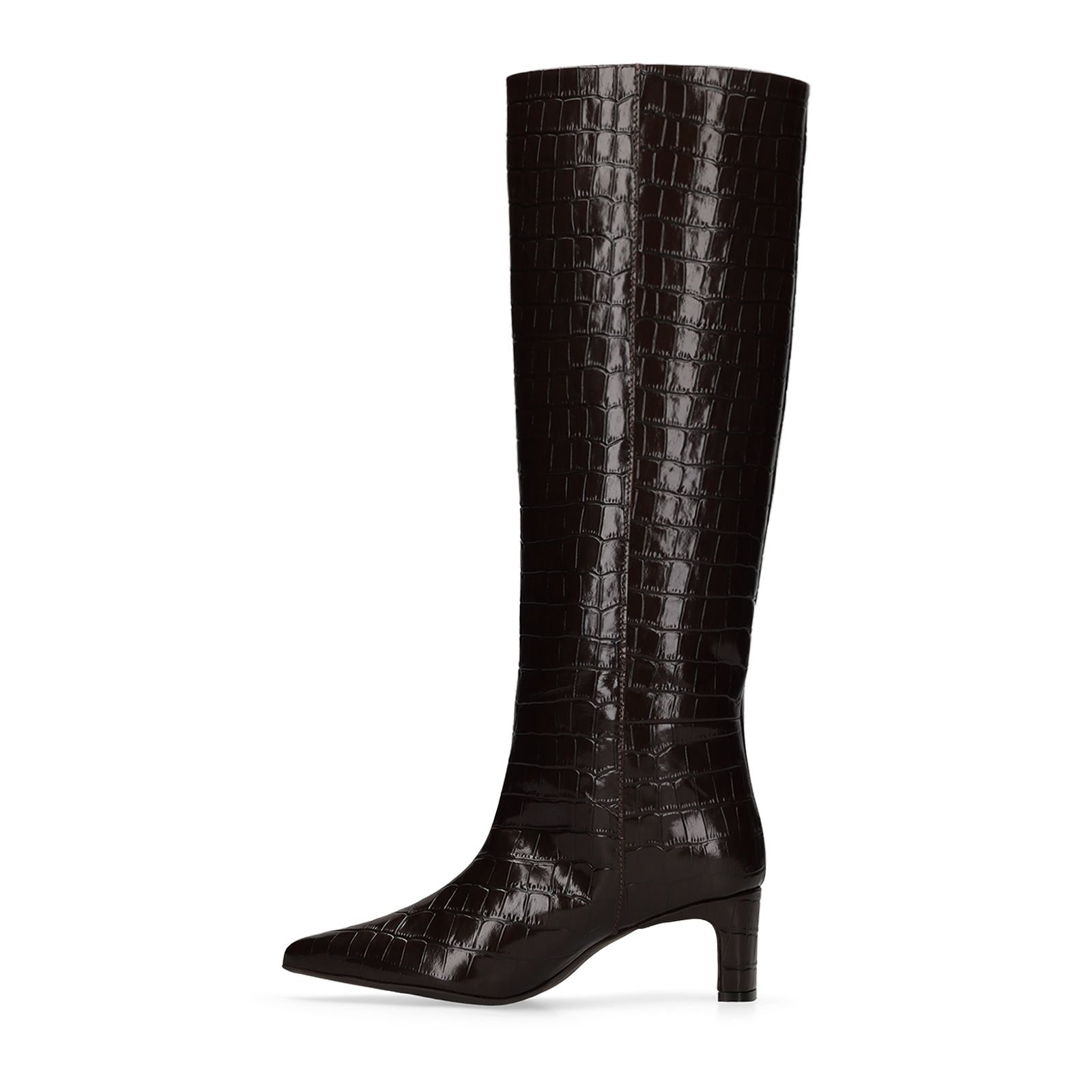 Braune Lederstiefel mit Krokomuster