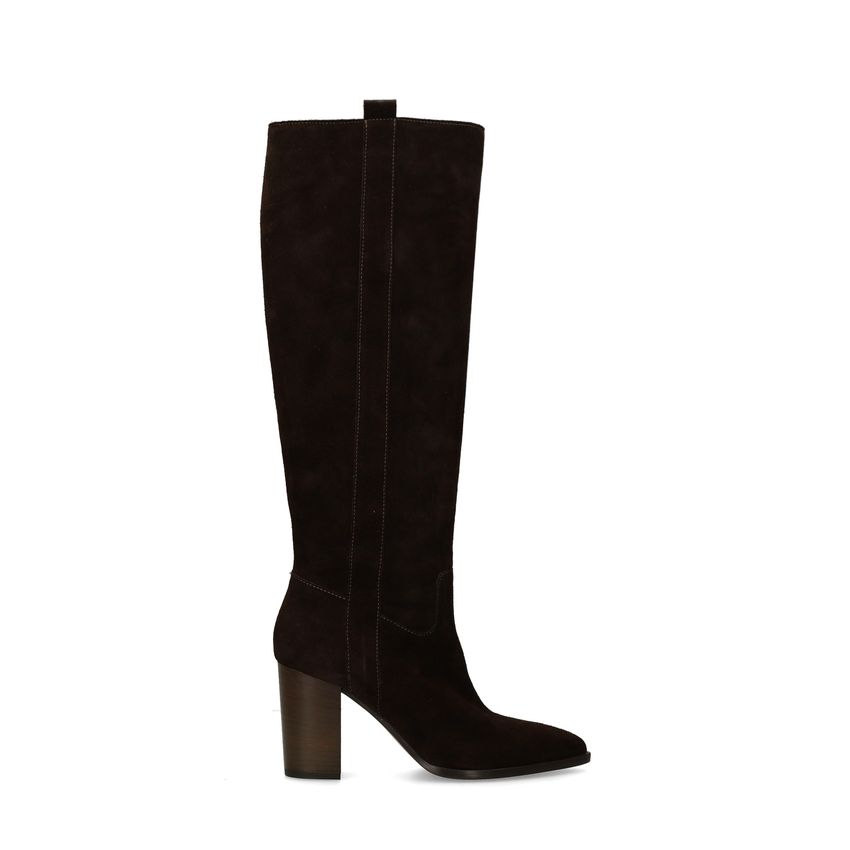 Dunkelbraune Veloursleder-Stiefel mit Absatz