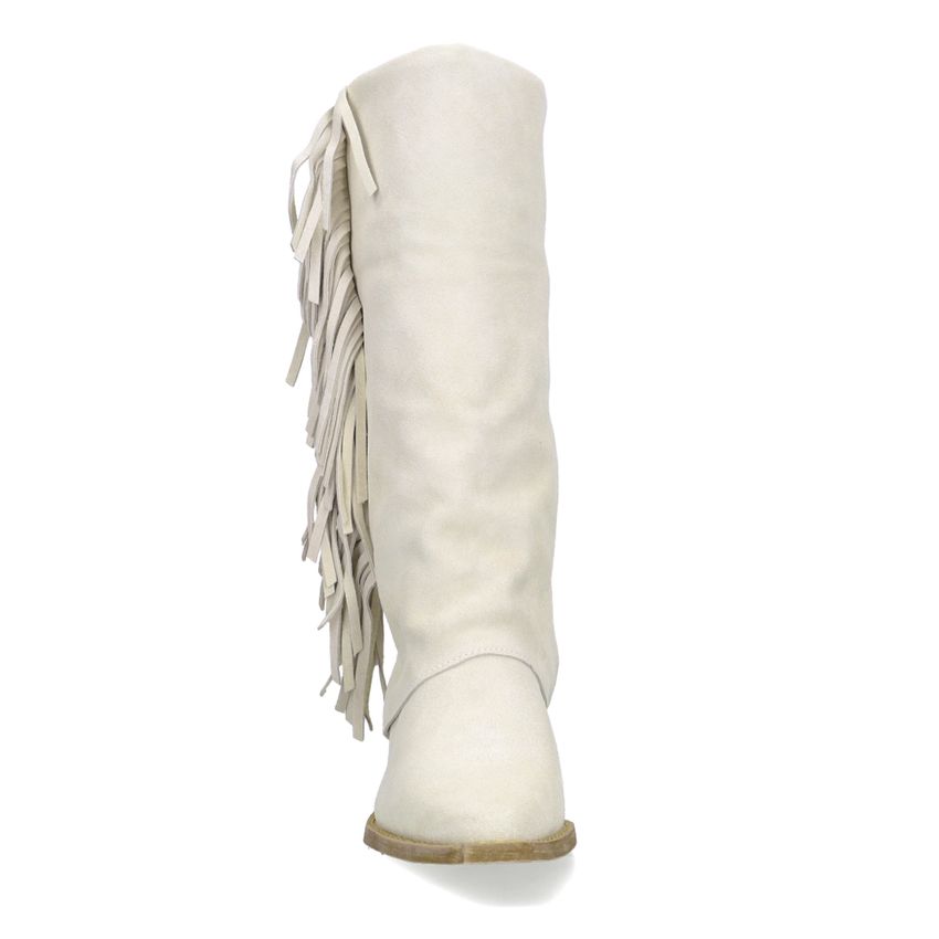 Offwhite Veloursleder-Cowboystiefel mit Fransen