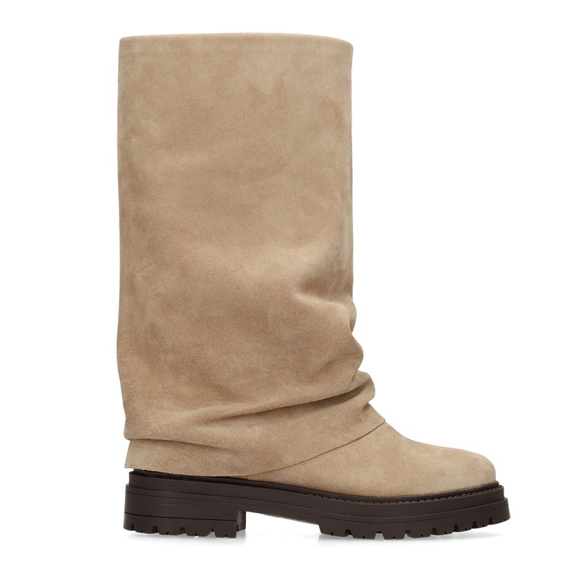 Beigefarbene Veloursleder-Stiefel mit Umschlag
