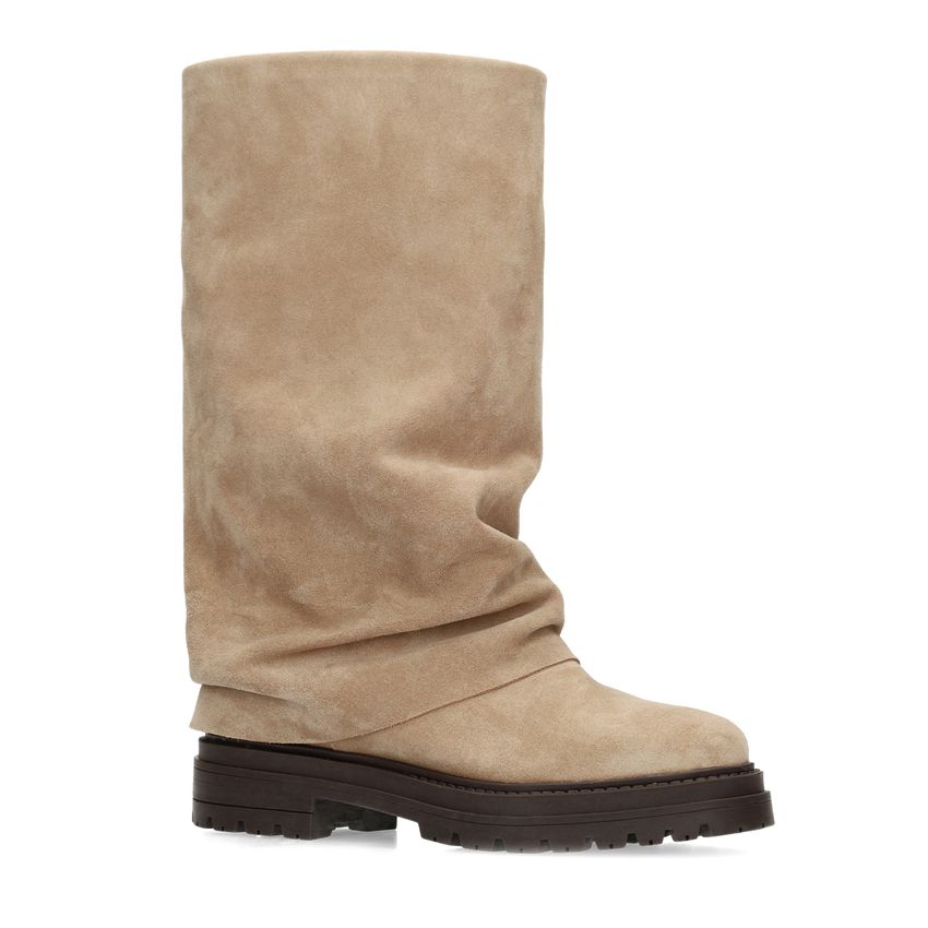 Beigefarbene Veloursleder-Stiefel mit Umschlag
