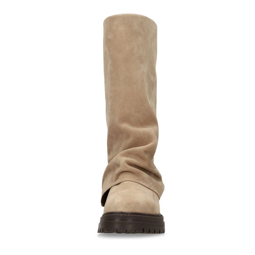 Beigefarbene Veloursleder-Stiefel mit Umschlag