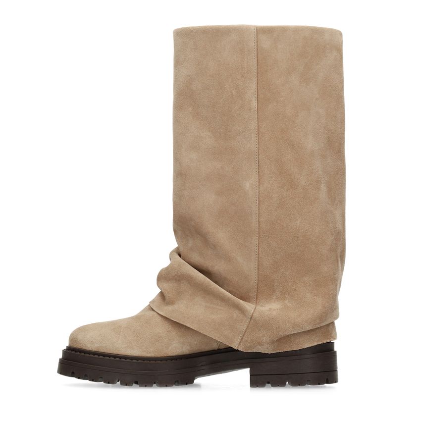 Beigefarbene Veloursleder-Stiefel mit Umschlag