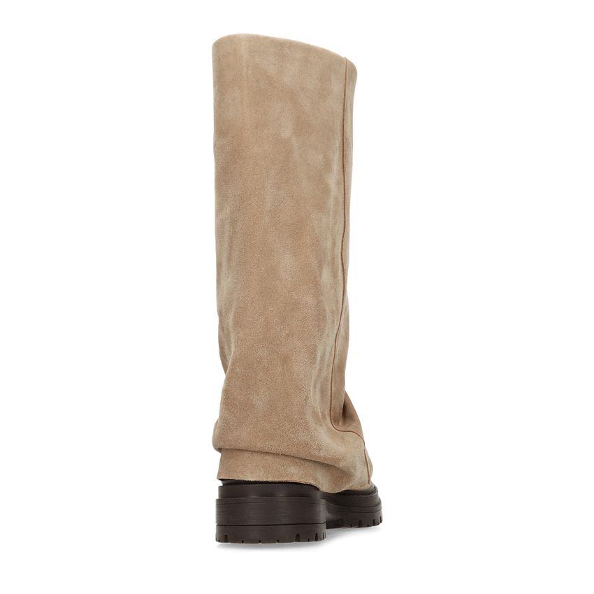 Beigefarbene Veloursleder-Stiefel mit Umschlag
