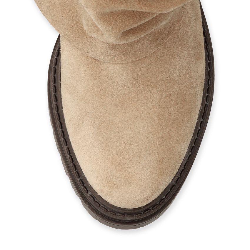 Beigefarbene Veloursleder-Stiefel mit Umschlag
