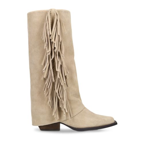 Beigefarbene Velourslederstiefel mit Fransen