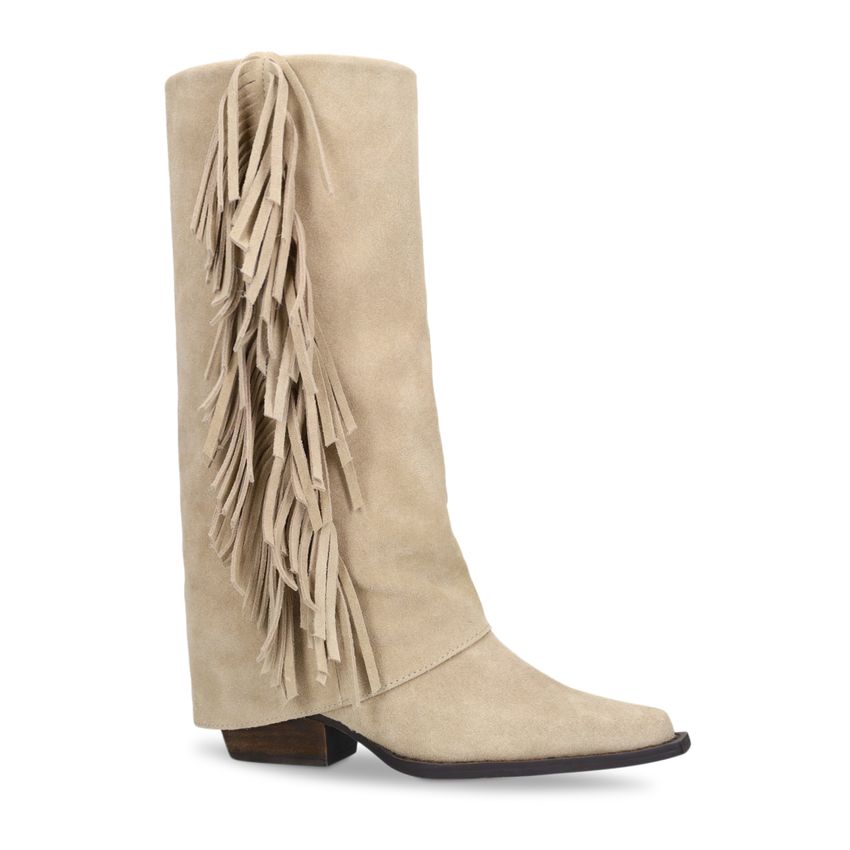 Beigefarbene Velourslederstiefel mit Fransen
