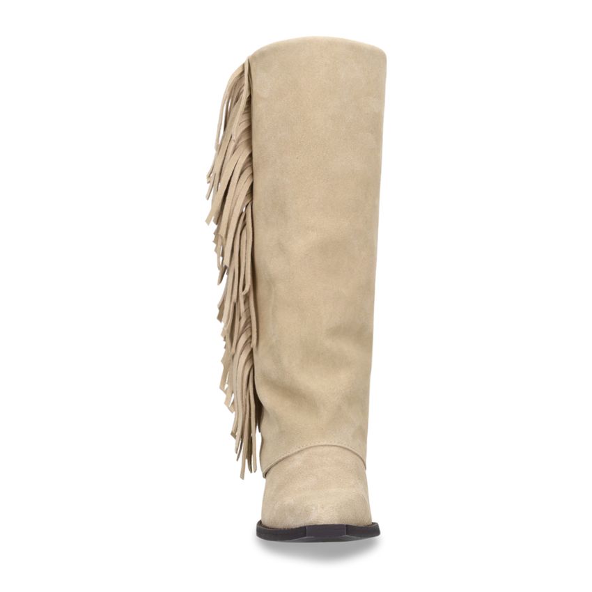 Beigefarbene Velourslederstiefel mit Fransen