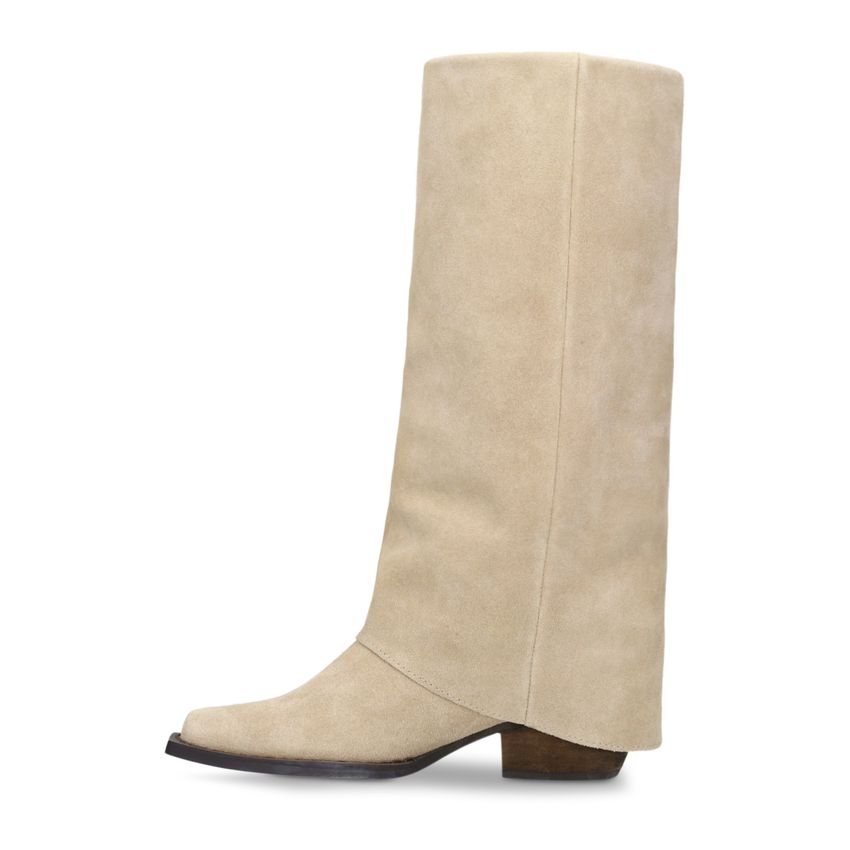 Beigefarbene Velourslederstiefel mit Fransen