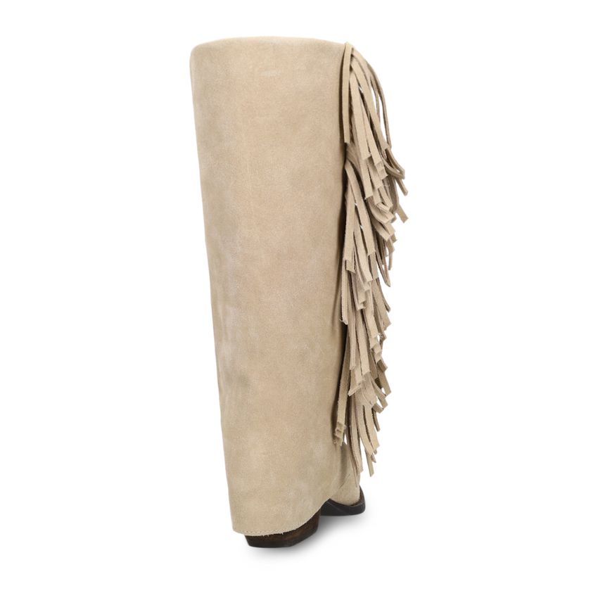 Beigefarbene Velourslederstiefel mit Fransen