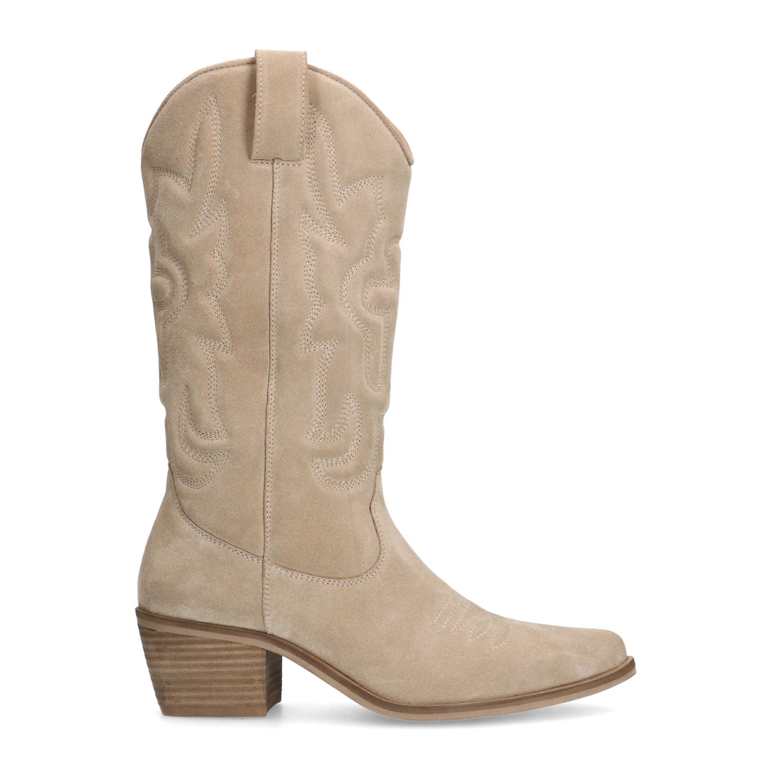 Beigefarbene Cowboystiefeletten aus Veloursleder