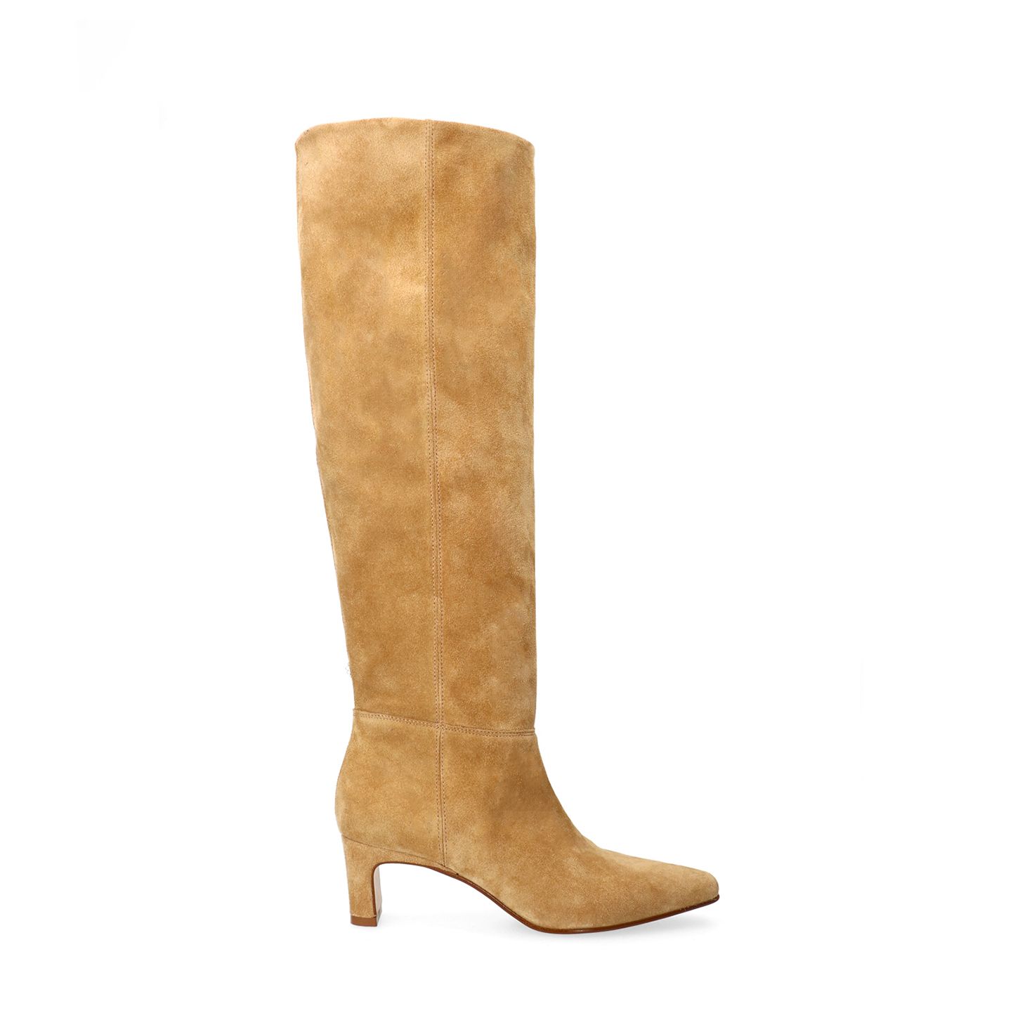 Beigefarbene Veloursleder-Stiefel mit Absatz