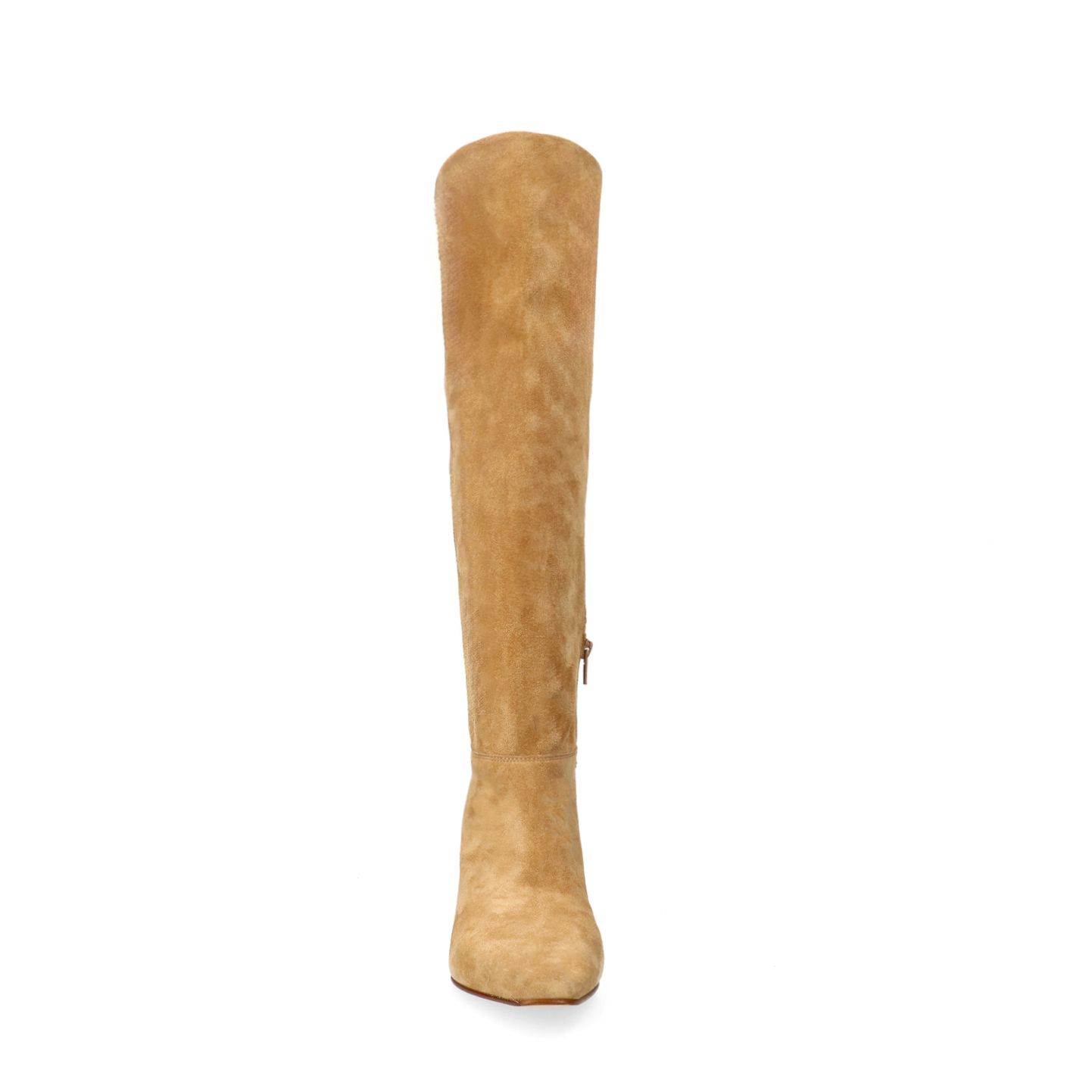 Beigefarbene Veloursleder-Stiefel mit Absatz