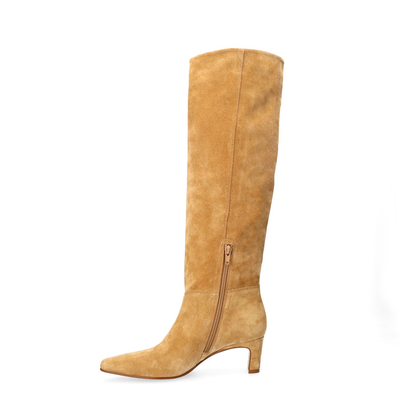 Beigefarbene Veloursleder-Stiefel mit Absatz