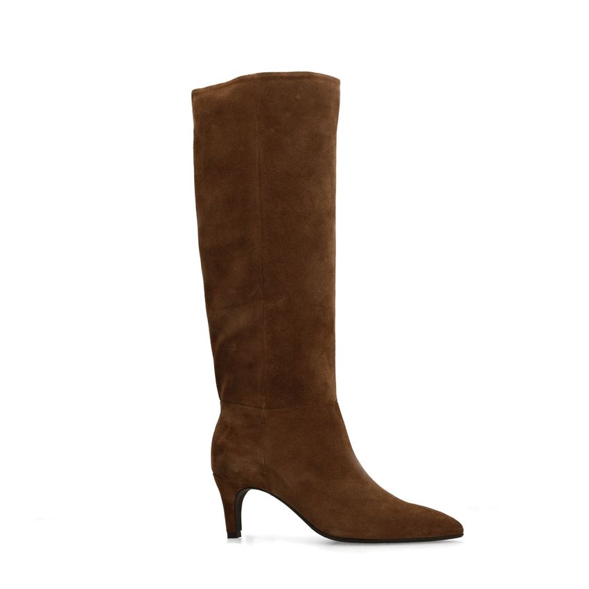 Taupefarbene Veloursleder-Stiefel mit Absatz