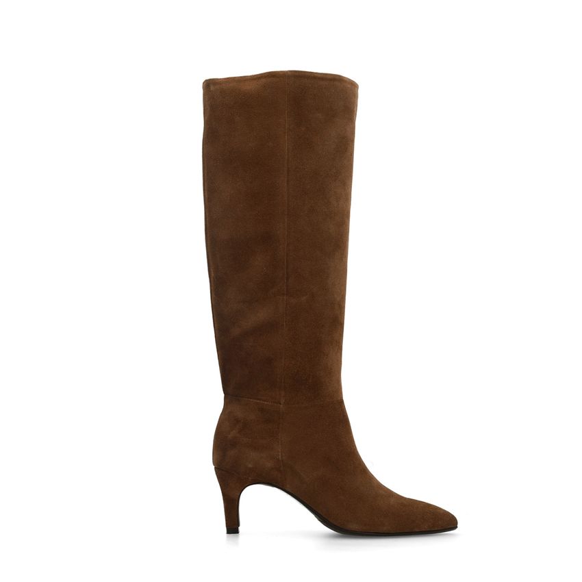Taupefarbene Veloursleder-Stiefel mit Absatz