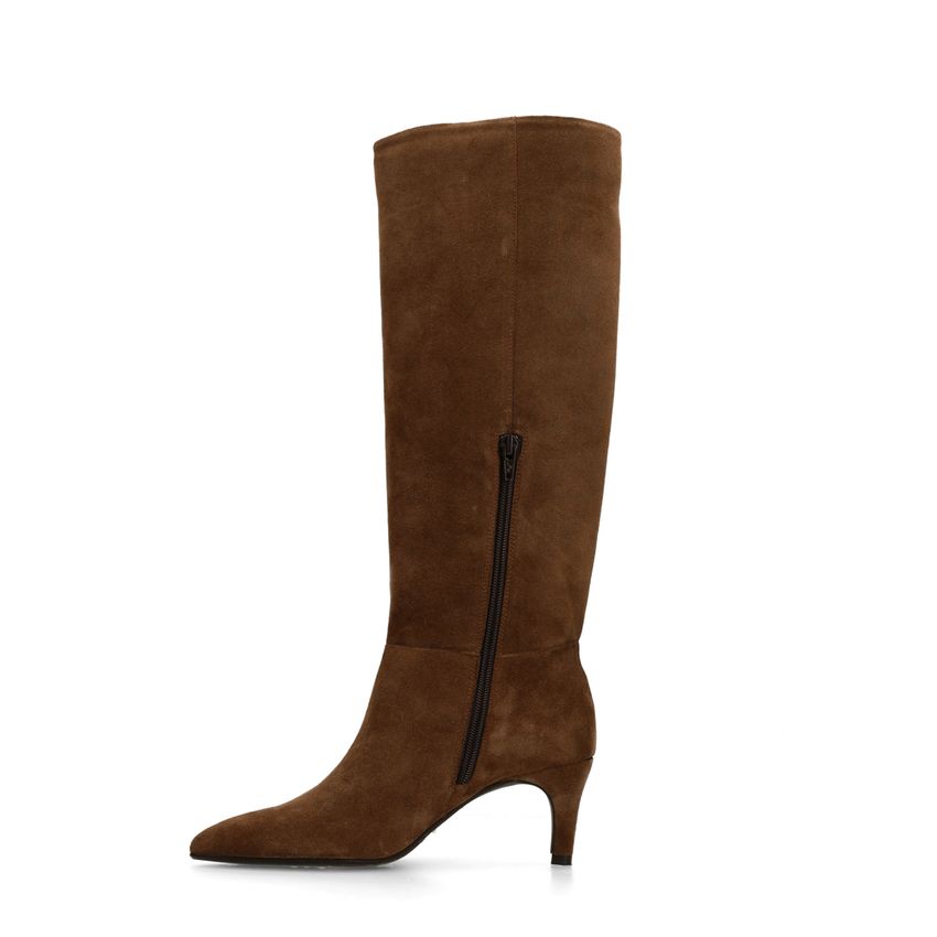 Taupefarbene Veloursleder-Stiefel mit Absatz