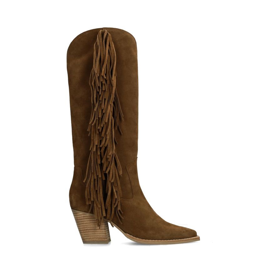 Braune Veloursleder-Cowboystiefel mit Fransen