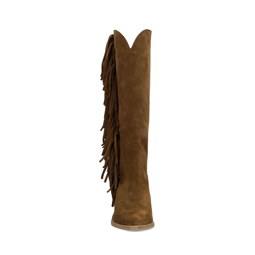 Braune Veloursleder-Cowboystiefel mit Fransen