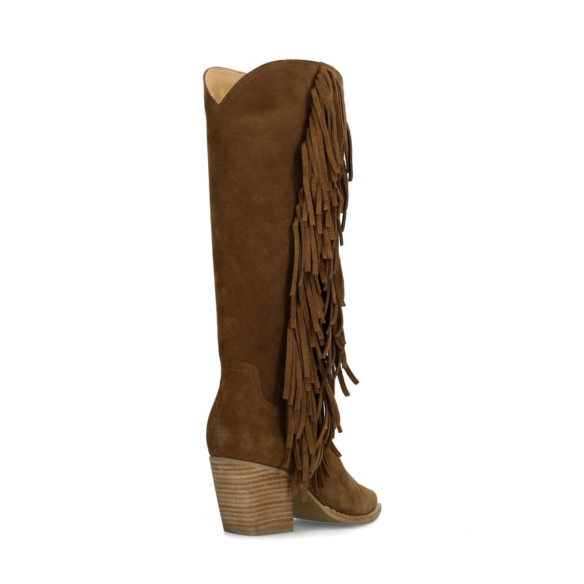 Braune Veloursleder-Cowboystiefel mit Fransen