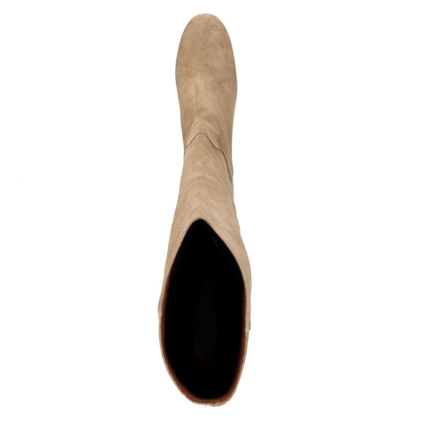 Beigefarbene Veloursleder-Stiefel mit Absatz und hohem Schaft