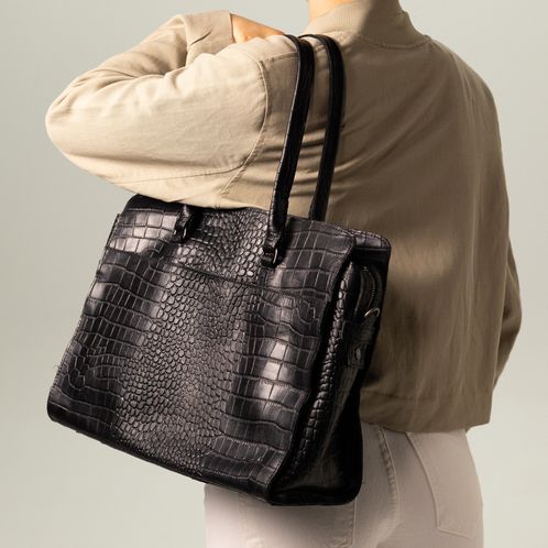 Schwarzer Ledershopper mit Krokomuster