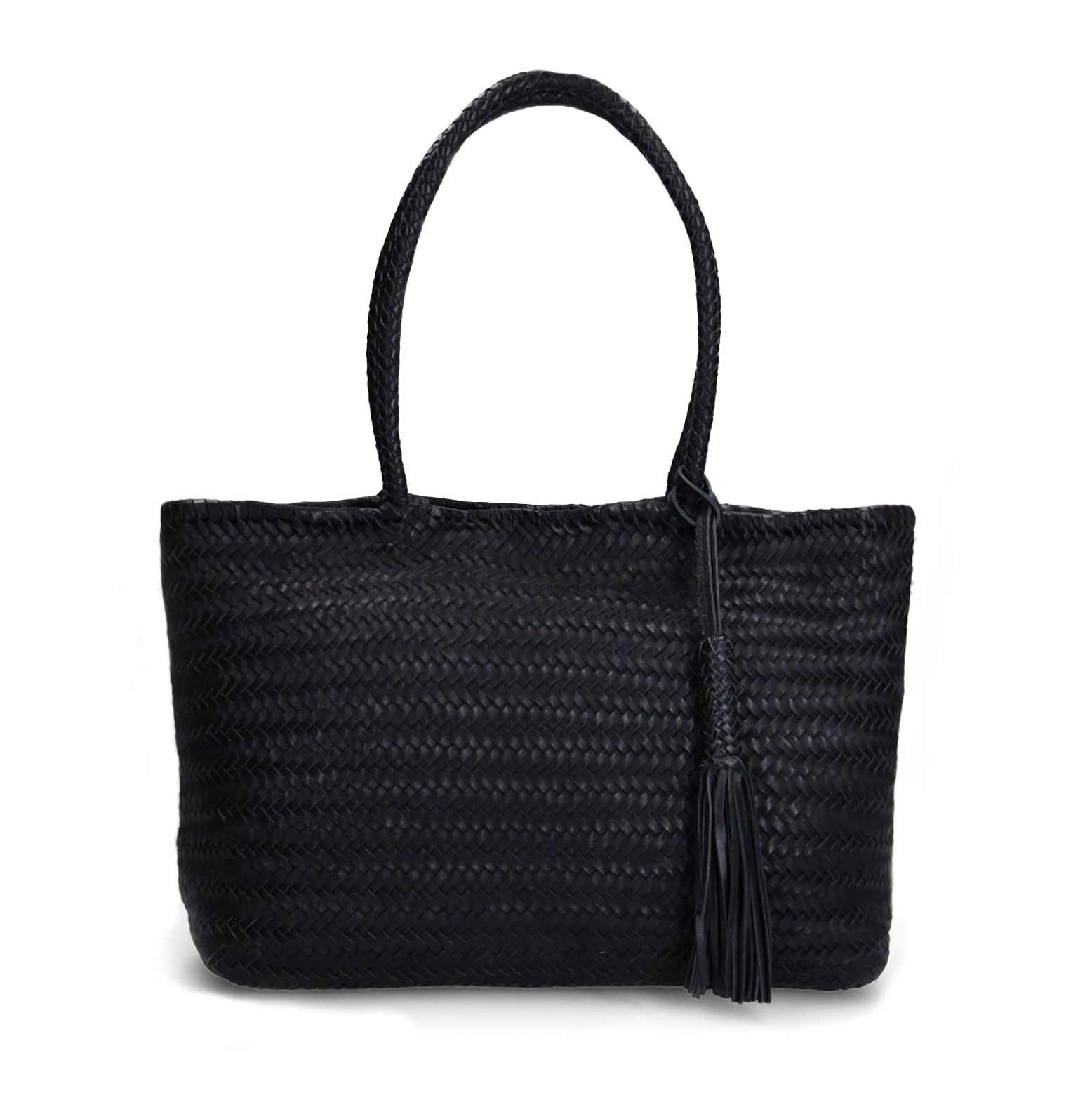 Schwarze Lederhandtasche mit Flecht-Details