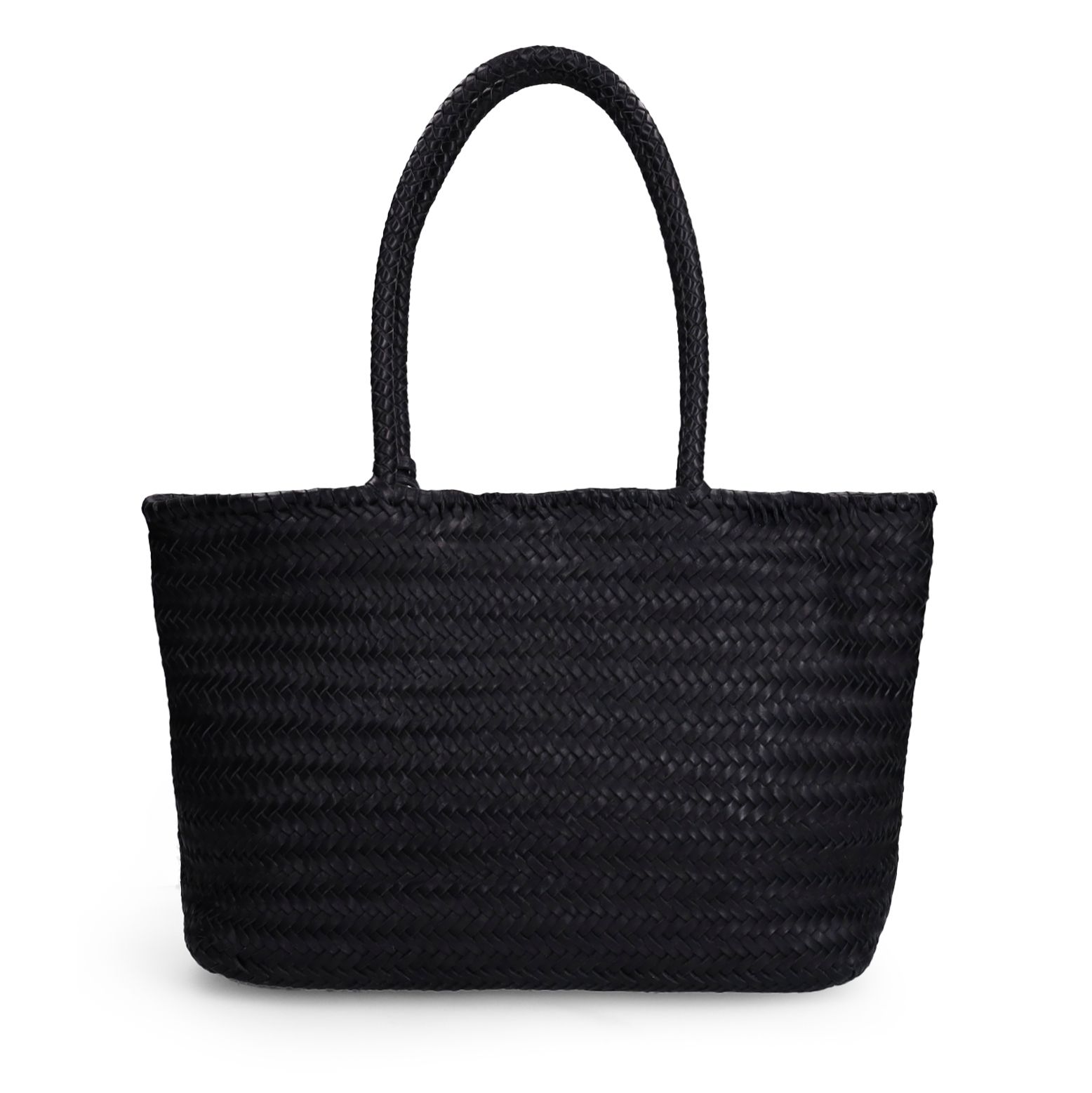 Schwarze Lederhandtasche mit Flecht-Details