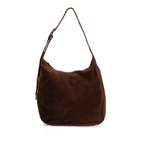 Donkerbruine suède schoudertas met gevlochten details