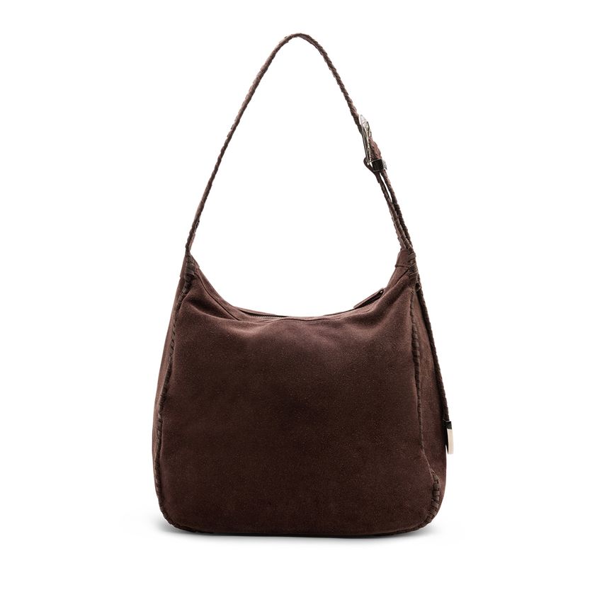 Donkerbruine suède schoudertas met gevlochten details