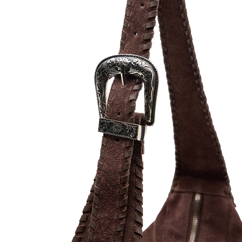 Donkerbruine suède schoudertas met gevlochten details