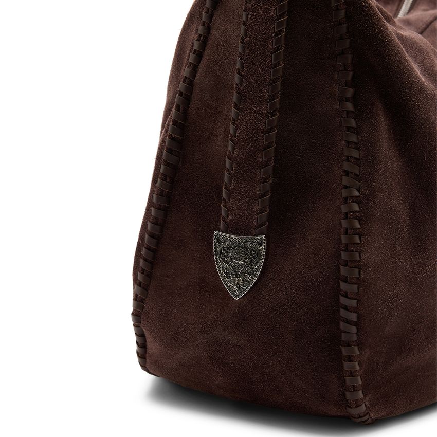 Donkerbruine suède schoudertas met gevlochten details