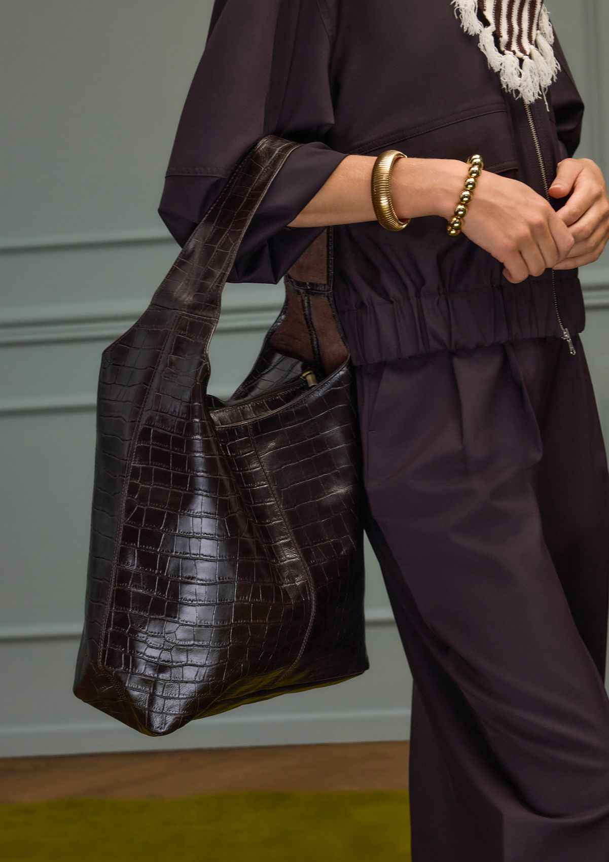 Donkerbruine leren croco shopper