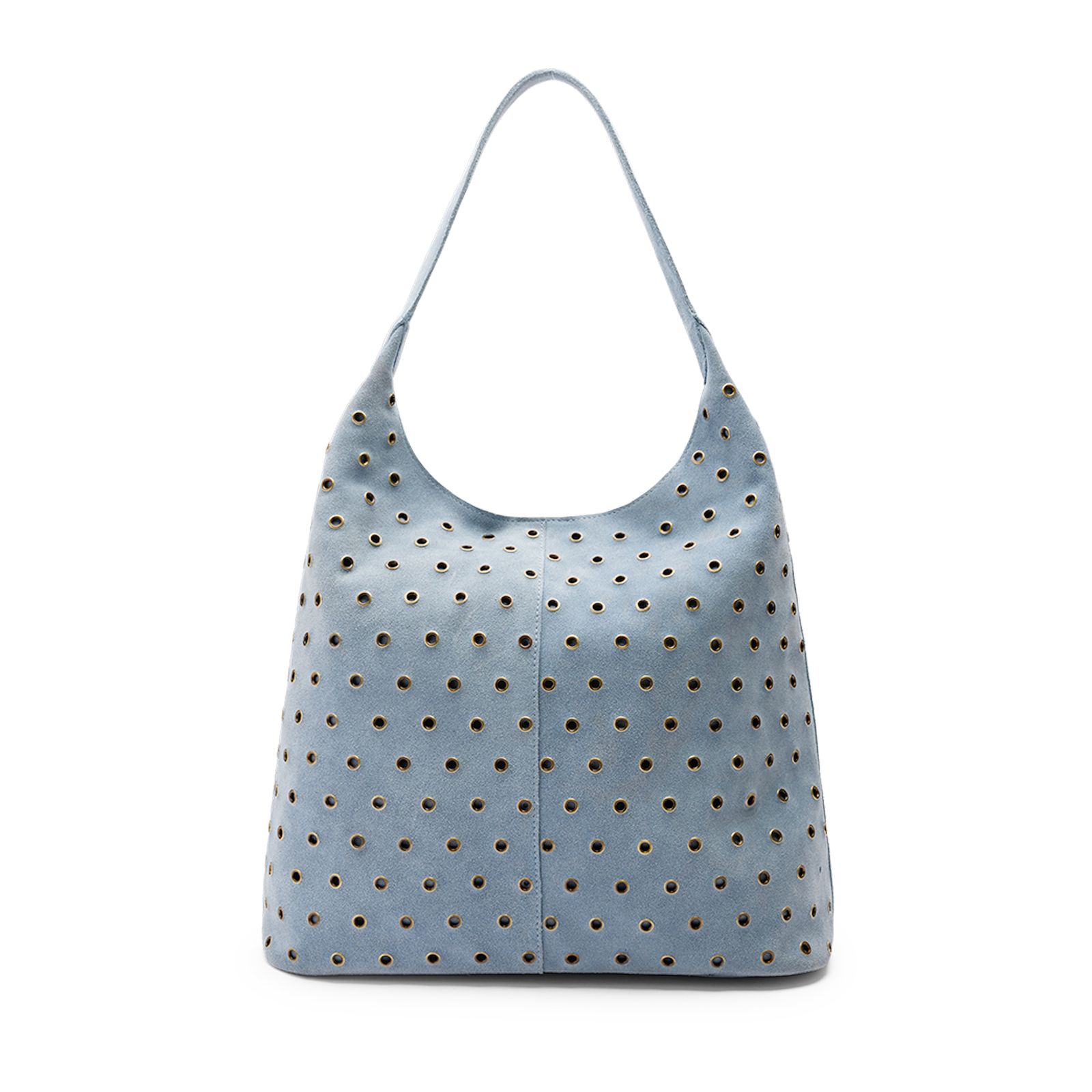 Licht blauwe suède schoudertas met zilveren studs