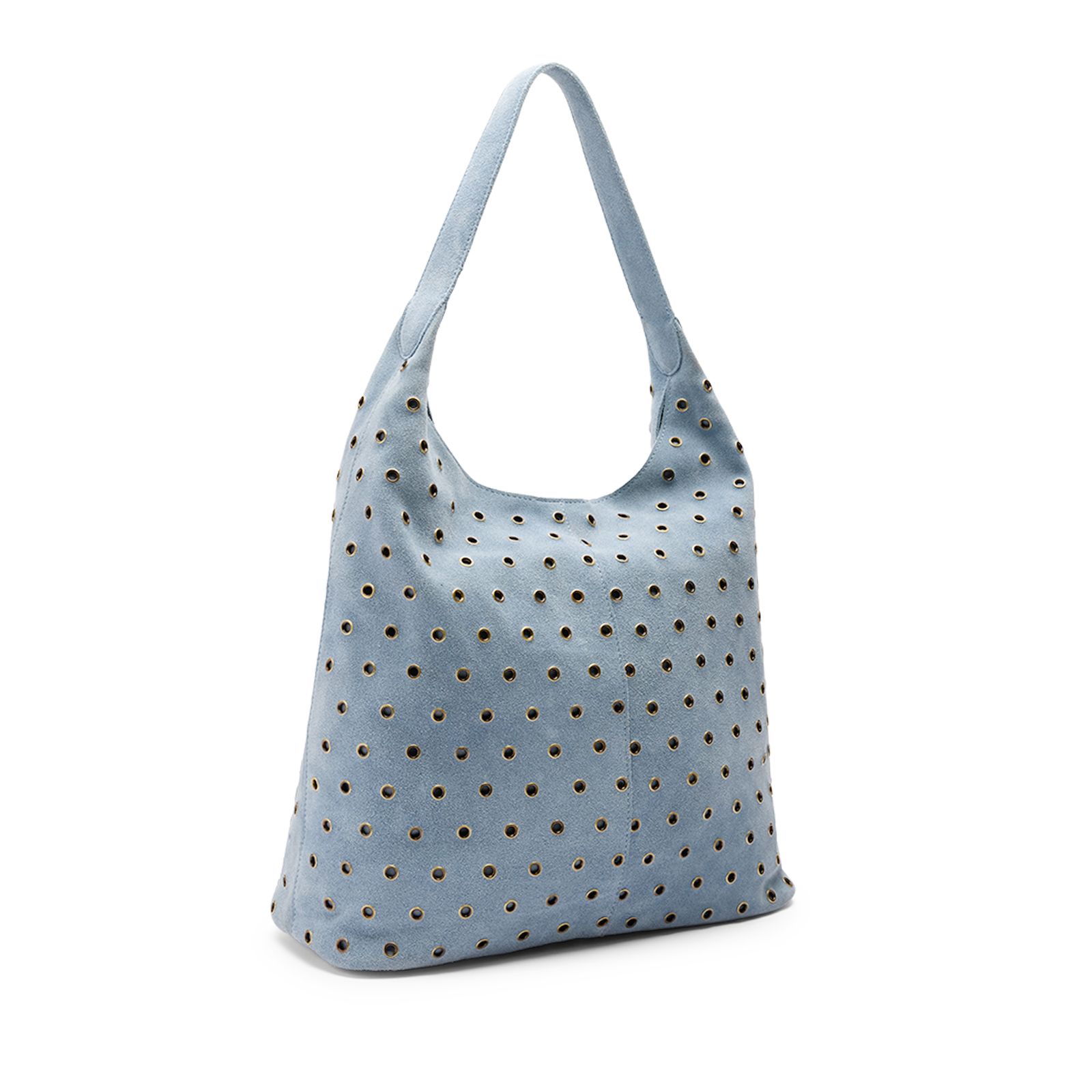 Licht blauwe suède schoudertas met zilveren studs