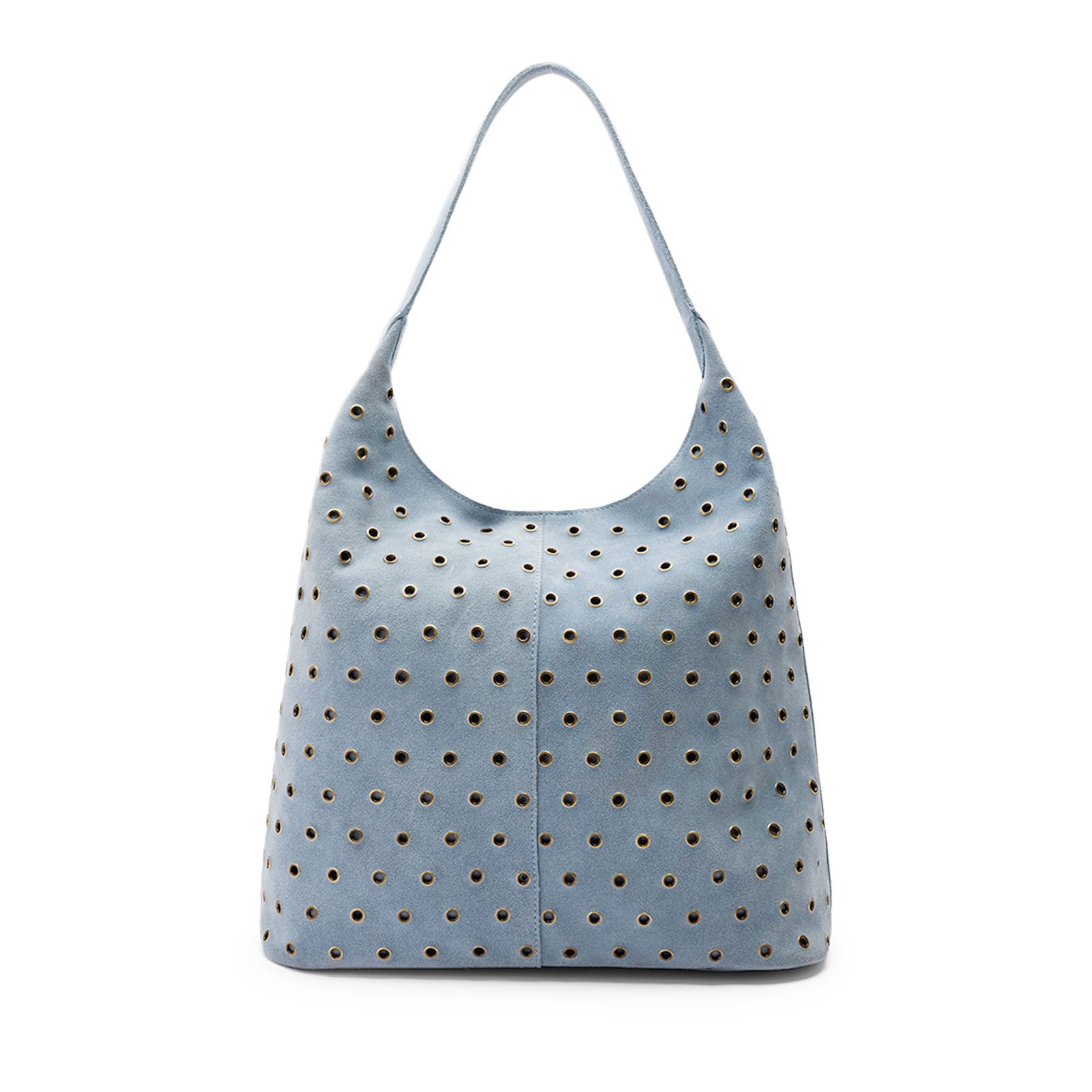 Licht blauwe suède schoudertas met zilveren studs