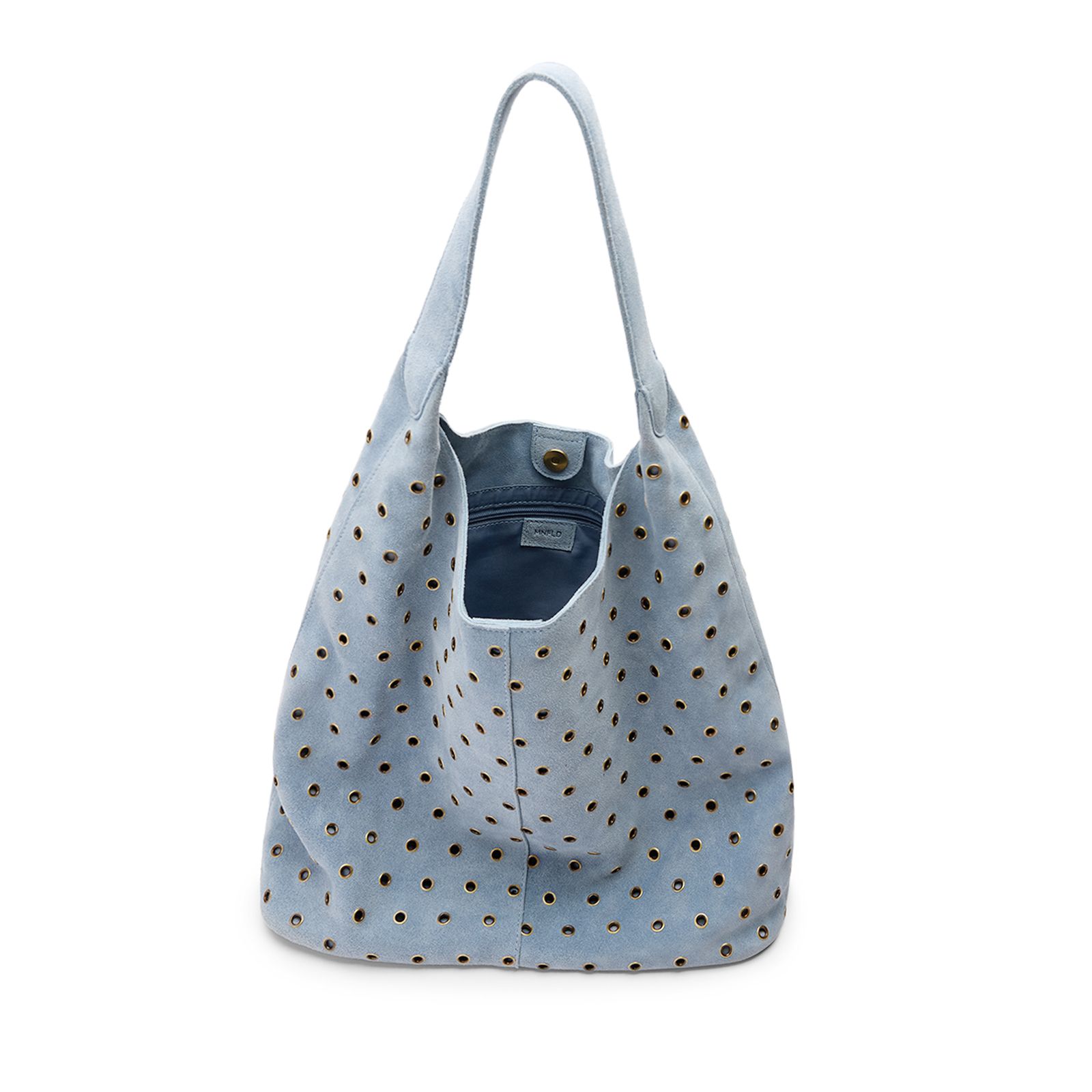 Licht blauwe suède schoudertas met zilveren studs