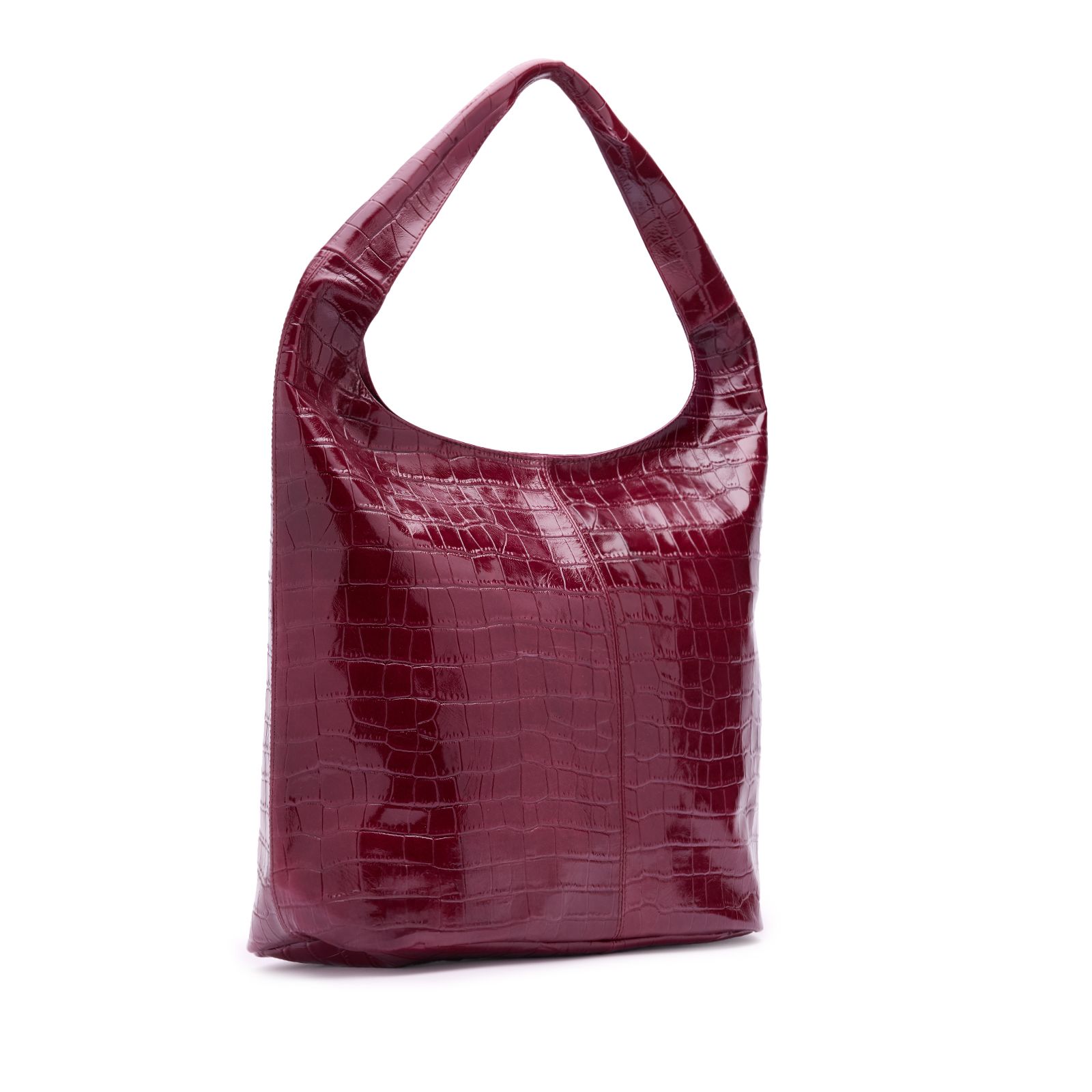 Bordeauxrote Leder-Schultertasche mit Krokomuster