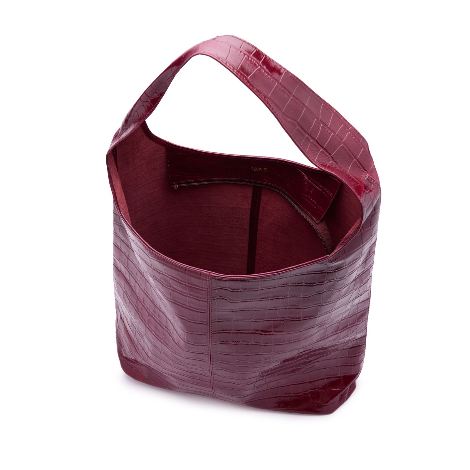 Bordeauxrote Leder-Schultertasche mit Krokomuster