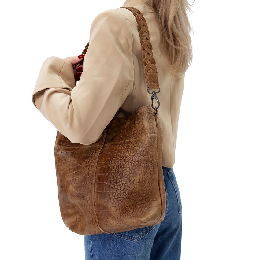 Cognac leren shopper met krokodillenprint