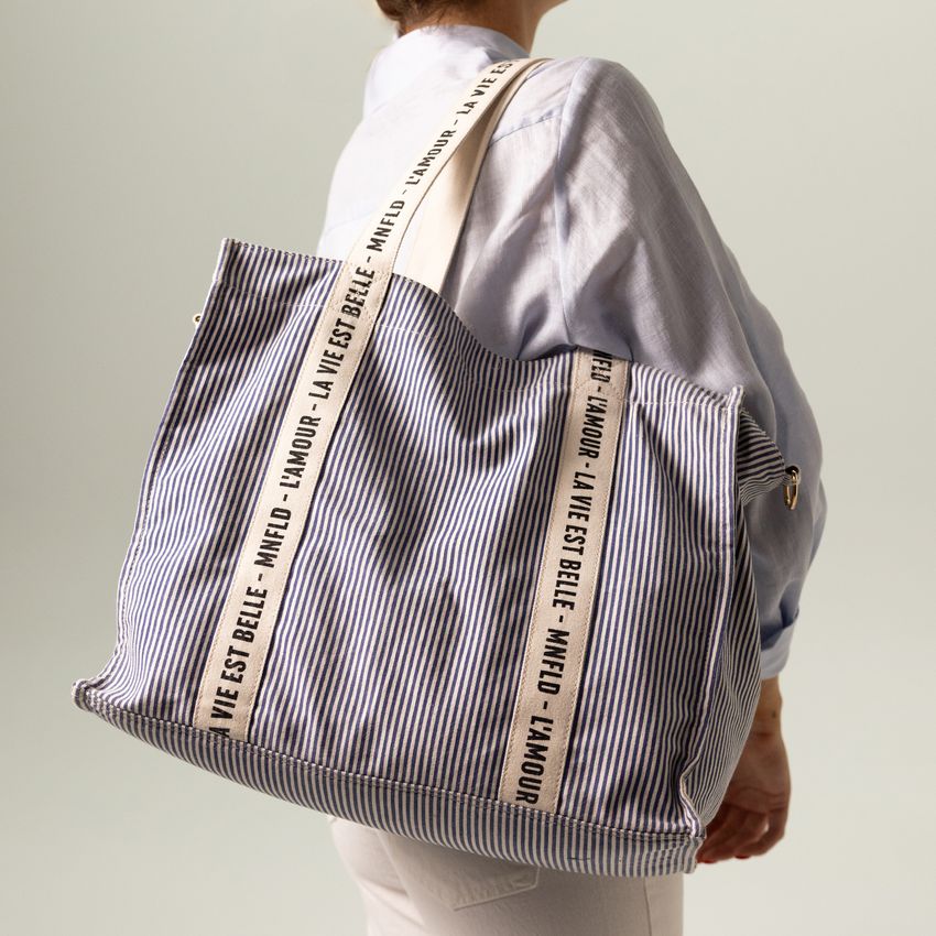 Beige navy gestreepte shopper