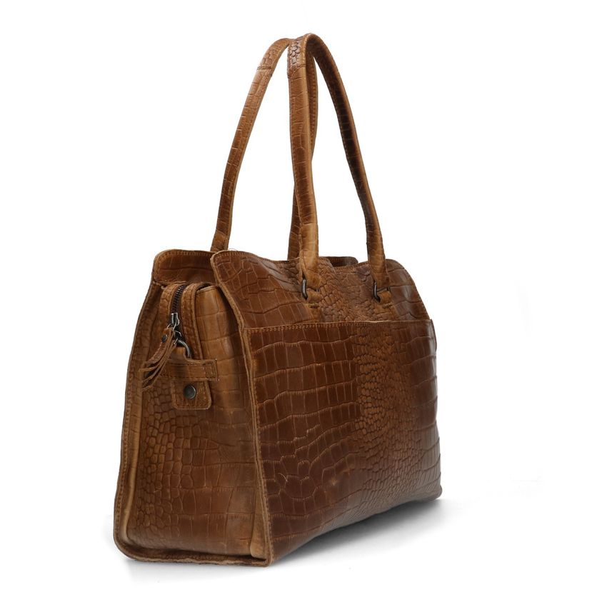 Cognac leren shopper met crocoprint